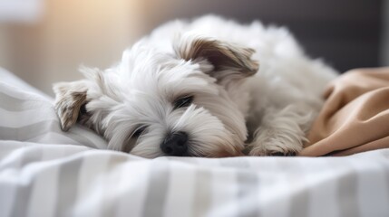 A lovable puppy in a relaxed slumber on a bed, gazing affectionately at the camera, captured with a delightful and adorable expression, featuring a bokeh effect and lovely lighting.