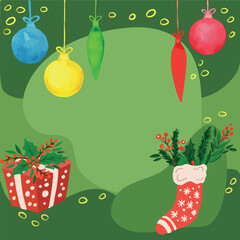 Template for christmas card - colorfull Christmas balls and gift boxes on green background. Pefect for greeting card, postcard, print. Vector illustration.