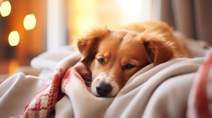 A lovable dog in a relaxed slumber on a bed, gazing affectionately at the camera, captured with a delightful and adorable expression, featuring a bokeh effect and lovely lighting.