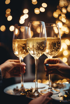 people holding champagne glasses at a christmas dining table