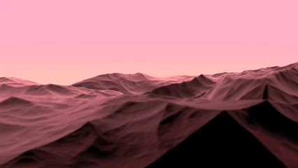 Afwasbaar Fotobehang Lichtroze Pink landscape of mountainous terrain, rocky stone surface. Abstract pink mountains. 3D render