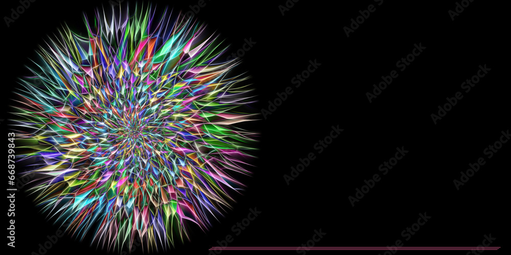 Poster glowing 3d sphere of many colours on a plain blackboard copy-space background