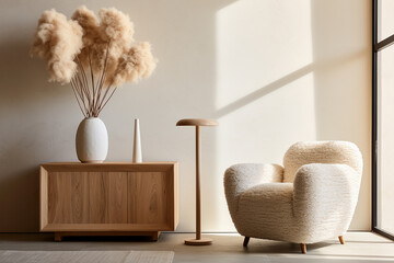 Modern living room interior with chair and pampas grass background
