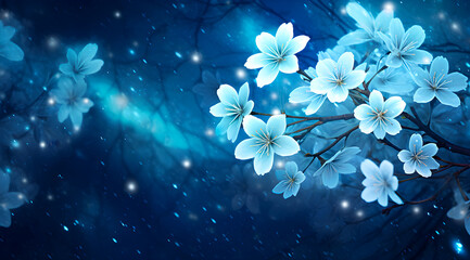 Blue flowers on branches, night sky, stars, mystical atmosphere, serene beauty
