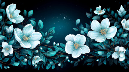 Light blue flowers, green leaves, dark background, glowing dots, symmetrical, serene scene