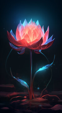 A lotus flower in the dark, in the style of  light red and light cyan
