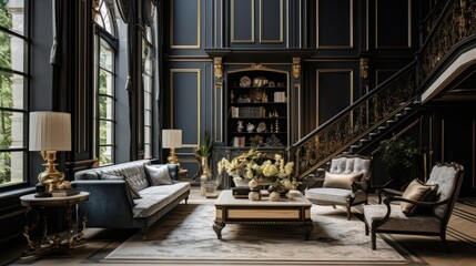 An industrial interior design for a house with classic and luxurious furniture, exuding an elegant and graceful ambiance, featuring classic sofas, tables, windows, and other classic furnishings