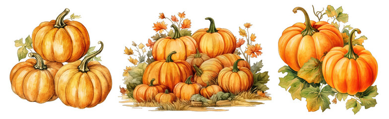 Set of hand drawn watercolor vintage pumpkin patch isolated on transparent background with clipping path