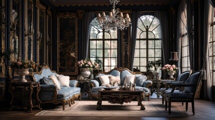 Interior design for a house that marries industrial aesthetics with classic and sumptuous furniture, resulting in an elegant and refined ambiance, complete with classic sofas, tables, windows, and oth