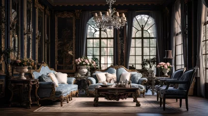 Rolgordijnen Wenen Interior design for a house that marries industrial aesthetics with classic and sumptuous furniture, resulting in an elegant and refined ambiance, complete with classic sofas, tables, windows, and oth