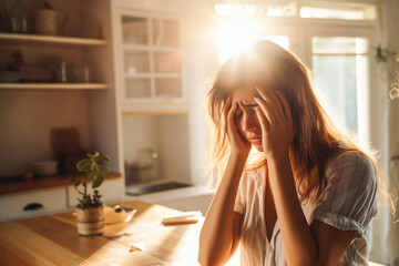 Young woman having panic attack in kitchen. Struggling with anxiety and mental health. Sunlight backlit.