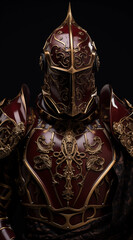.An ornate knight suits on the black background, in the style of dark red and bronze