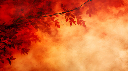 Vibrant red leaves, autumn scene, warm background, fiery hues, tree branch, textured backdrop, atmospheric, moody