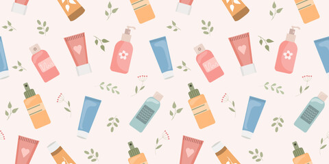 Seamless pattern of hand and face creams, organic cosmetics. Skin care background. Print, wallpaper. Vector