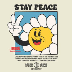 daisy flower groovy character 90s design illustration with slogan, retro cartoon character