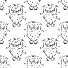 Seamless pattern, cute owl character, owl chick. Outline drawing, sketch. Black and white print, background, textile. Vector