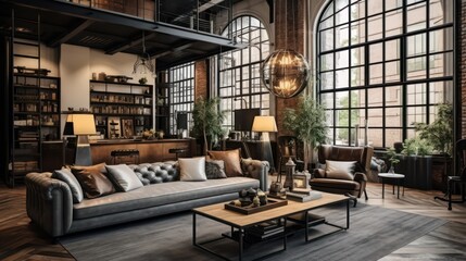 An industrial interior design with classic and luxurious furniture, exuding an elegant and graceful ambiance, adorned with beautiful lighting and intricate details.