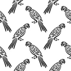 Seamless pattern, stylized tropical birds parrots on a white background. Black and white print, background, textile. Vector