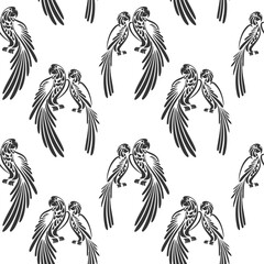 Seamless pattern, stylized tropical birds parrots on a white background. Black and white print, background, textile. Vector