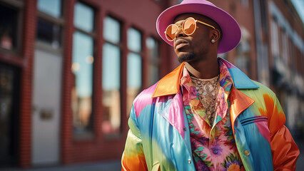 Obraz premium Gay fashion model wearing brightly colored clothes seen on the street