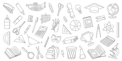 School accessories outline set. Back to school. Graduation cap, trophy, diploma, notebook, microscope, pencil, paper clip, eraser, schoolbag, globe.