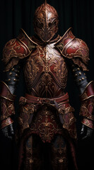 Fototapeta na wymiar .An ornate knight suits on the black background, in the style of dark red and bronze
