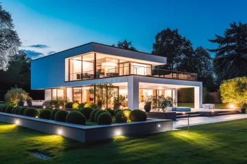 Foto op Plexiglas Modern house with garden at night. Green garden on left. Modern open space architecture of house and front lawn. © Katrin Kovac