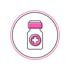 Filled outline Medicine bottle and pills icon isolated on white background. Bottle pill sign. Pharmacy design. Vector