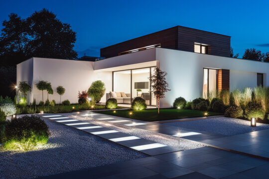 Modern House With Garden At Night. Green Garden On Left. Modern Open Space Architecture Of House And Front Lawn.