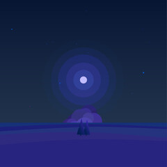 Landscape vector illustration. Blue color background and banner. Tourism, camping, travel, hike. Night scene wallpaper. Editable with layers