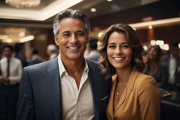 Middle aged couple posing for the camera, smiling, man and a woman, successful business couple posing for the camera, rich man, rich woman, older couple - obrazy, fototapety, plakaty