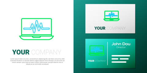 Line Laptop with cardiogram icon isolated on white background. Monitoring icon. ECG monitor with heart beat hand drawn. Colorful outline concept. Vector