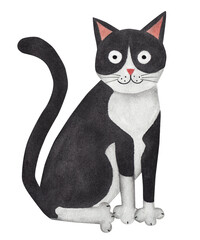 Black and white cat, funny cat. Watercolor illustration