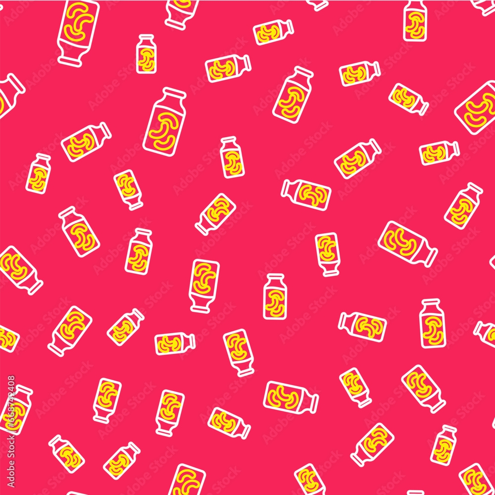 Poster line pickled cucumbers in a jar icon isolated seamless pattern on red background. vector