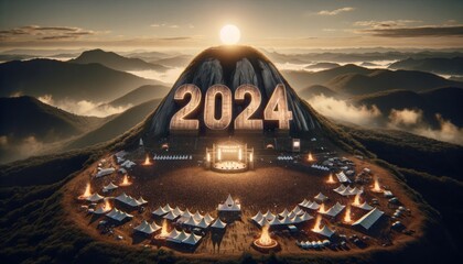 As the fog lifted and the sunrise illuminated the new year's number on the mountain, the tents and stage came to life in a wild celebration of 2024, against the backdrop of a breathtaking landscape - obrazy, fototapety, plakaty