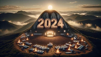 Fotobehang As the fog lifted and the sunrise illuminated the new year's number on the mountain, the tents and stage came to life in a wild celebration of 2024, against the backdrop of a breathtaking landscape © Glittering Humanity
