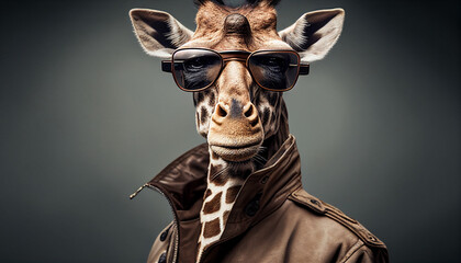 Giraffe als Chef mit Mantel lustige skurrile Tiere Charakter chefposition Vorgesetzter Vorstand Kommunikation Stärke beweisen Vorstellungsgespräch Generative AI  - obrazy, fototapety, plakaty