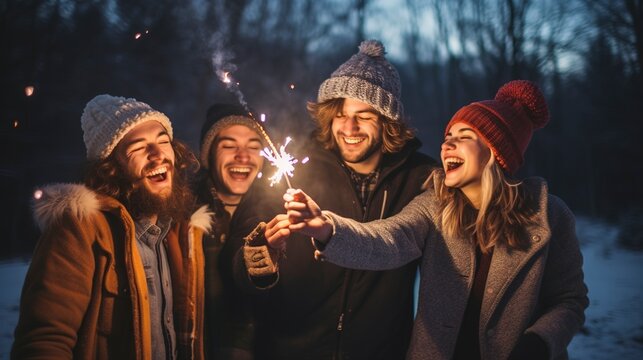 A group of friends are celebrating, lighting sparklers, fun, happiness, smiles. Generation AI
