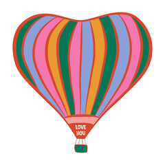 Heart shaped hot air balloon with  words "Love you". It can be used on Valentine's Day cards, for a wedding, in an explanation of love