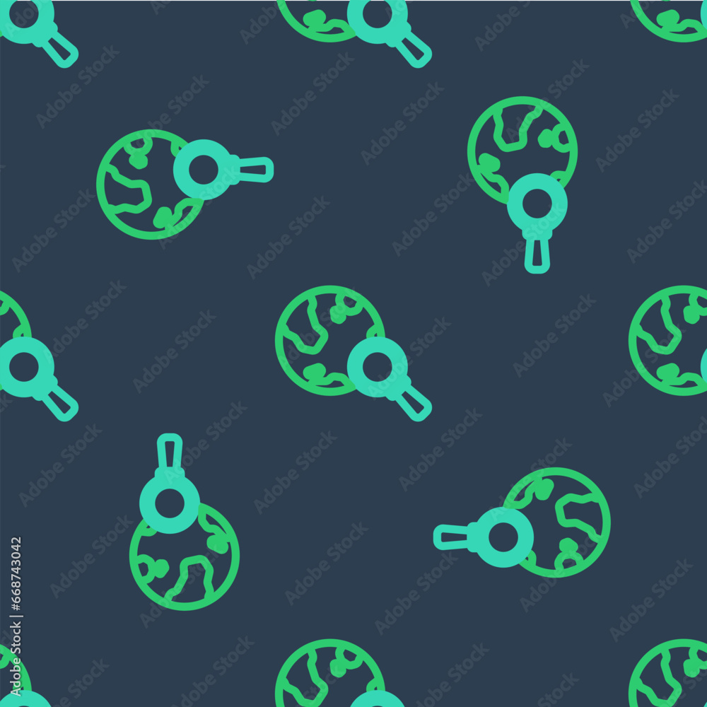Poster line magnifying glass with globe icon isolated seamless pattern on blue background. analyzing the wo