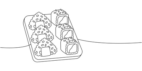 Asian food sushi, sushi dish one line continuous drawing. Japanese cuisine, traditional food continuous one line illustration.
