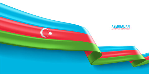 Azerbaijan 3D ribbon flag. Bent waving 3D flag in colors of the Azerbaijan national flag. National flag background design.