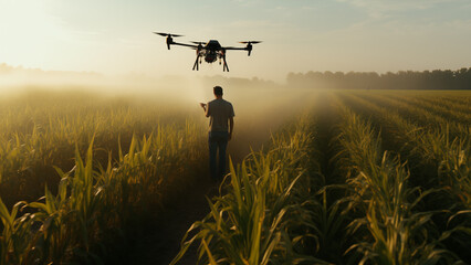 The sight of pesticides being sprayed by drones on a vast corn field. - obrazy, fototapety, plakaty