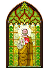 Beautiful colorful medieval stained glass window with holy Apostle Saint Patrick. Gothic architectural style. Christian decoration. Middle ages architecture in Western Europe churches. Vector drawing