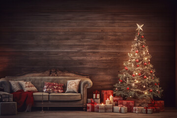 Fototapeta na wymiar Cozy festive room with a fire place decorated for Christmas backdrop with xmas tree, gifts and light. generative ai