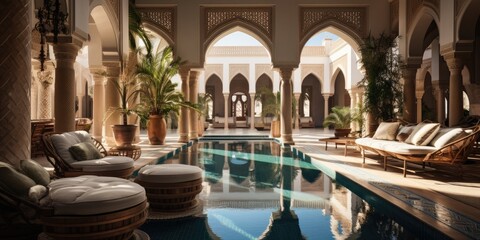 magnificent African riad with pool, modern architecture. Generative AI