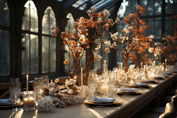 Banquet table for guests, decorated and served for the wedding
