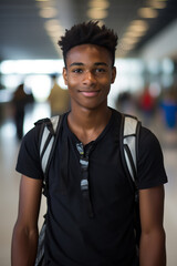 Fototapeta premium Photo of a black teenage boy, wearing a sleevless shirt, at an airport terminal, summer