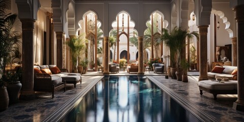 beautiful patio with pool in the riad, Moroccan style. Generative AI