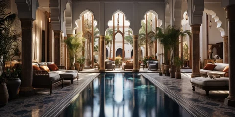 Fotobehang beautiful patio with pool in the riad, Moroccan style. Generative AI © 22_monkeyzzz